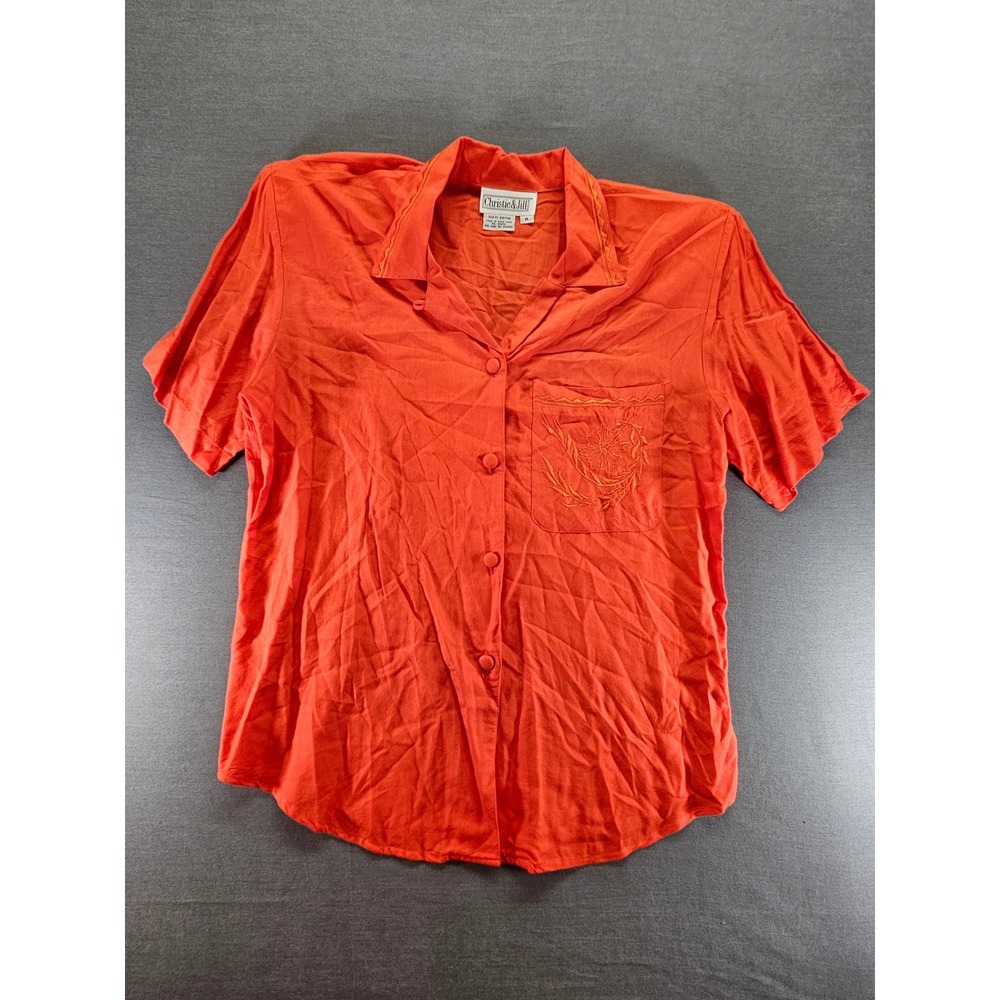 Christie & Jill Vintage Orange Rayon Embroidered Short Sleeve Button Down Shirt